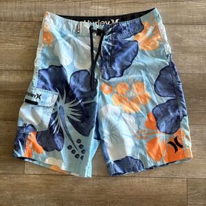 Hurley Board Shorts Men 31 Blue Orange Tropical Hibiscus Floral Swim Trunks